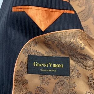 Men Gianni Vironi Black Striped 4 Button 2 Slit Super 150 Suit Coat 42L